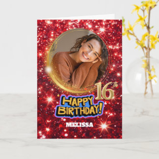 Modern Red & Gold Glitter Photo Name 16th Birthday Card