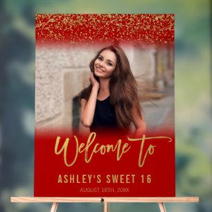 Modern Red Gold Glitter Sweet 16 Photo Welcome Acrylic Sign