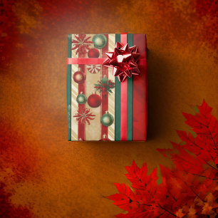 Modern Red Gold Green Stripes Wrapping Paper
