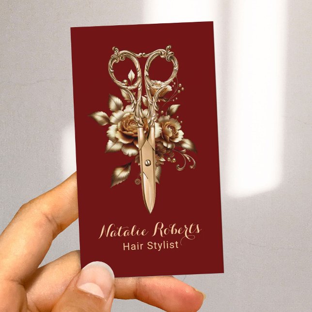 Modern Red & Gold Hair Stylist Salon SPA Business Card (Creator Uploaded)