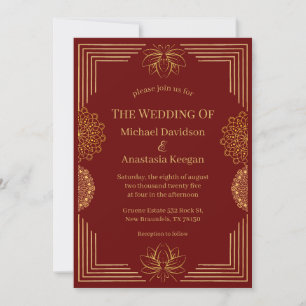 modern red gold indian geometric wedding  invitation