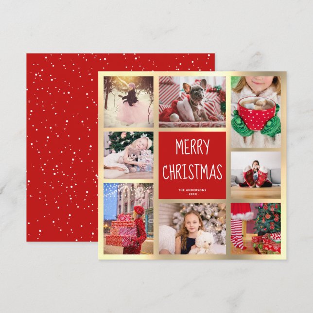Modern Red & Gold Merry Christmas Photo Collage Holiday Card (Front/Back)