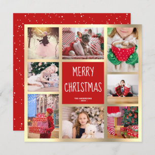Modern Red & Gold Merry Christmas Photo Collage Holiday Card