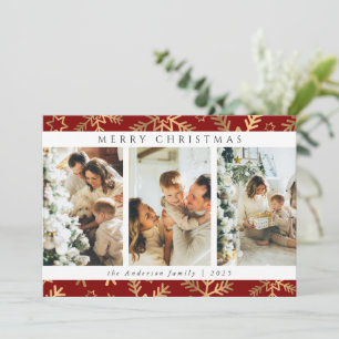 Modern Red Gold Merry Christmas Photo Collage Holiday Card