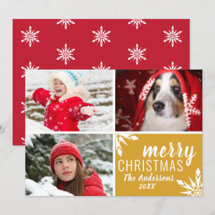 Modern Red & Gold Merry Christmas Photo Collage Holiday Card