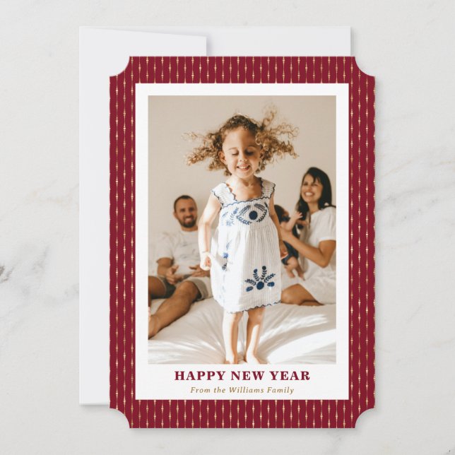 Modern Red Gold Photo Happy New Year Card (Front)