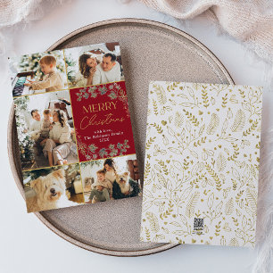 Modern Red Gold Photo Merry Christmas Holiday Card