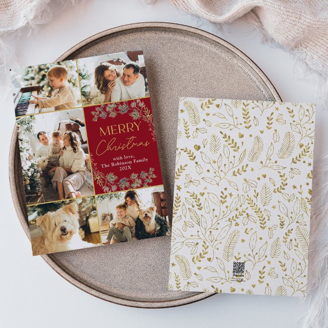 Modern Red Gold Photo Merry Christmas Holiday Card (Creator Uploaded)