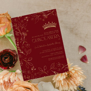 Modern Red Gold Rose Floral Tiara Quinceañera Invitation