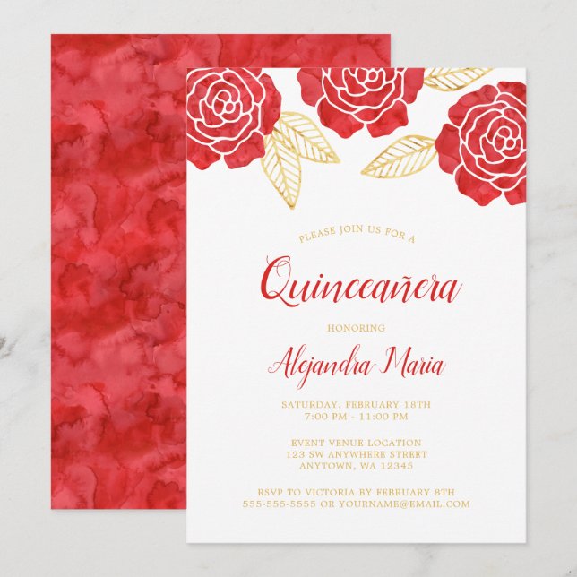 Modern Red Gold Roses Quinceanera Invitations (Front/Back)