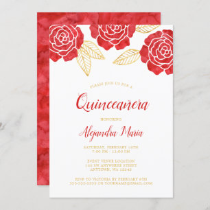 Modern Red Gold Roses Quinceanera Invitations