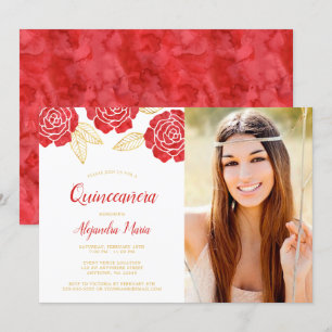 Modern Red Gold Roses Quinceanera Photo Invitation