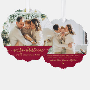 Modern Red Gold Script 2 Photo Christmas Tree Decoration Card
