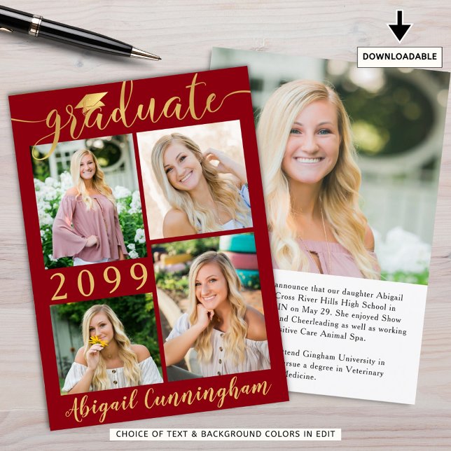 Modern Red Gold Script 5 Photo Graduate Announcement (Creator Uploaded)