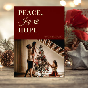 Modern Red Gold Script Peace Joy Hope Photo Foil Holiday Card