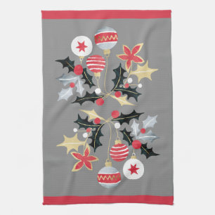 Modern Red Gold & Silver Ornaments Grey Tea Towel