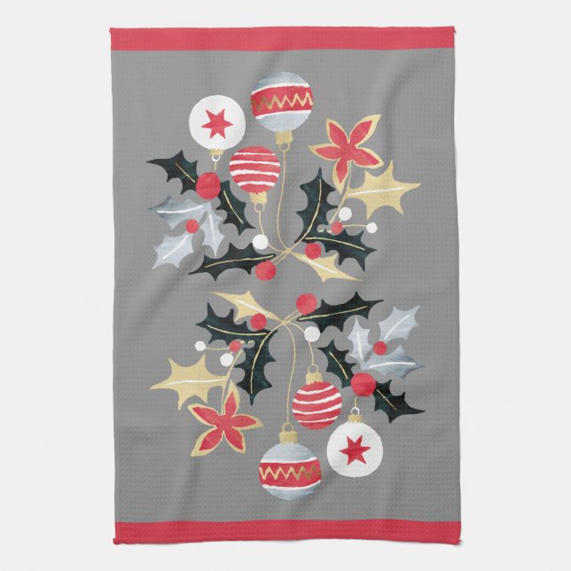 Modern Red Gold & Silver Ornaments Grey Tea Towel (Vertical)