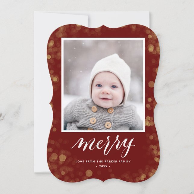 Modern Red Gold Snowflakes Bokeh Minimalist Photo Holiday Card (Front)