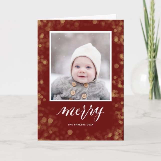 Modern Red Gold Snowflakes Bokeh Minimalist Photo Holiday Card (Front)