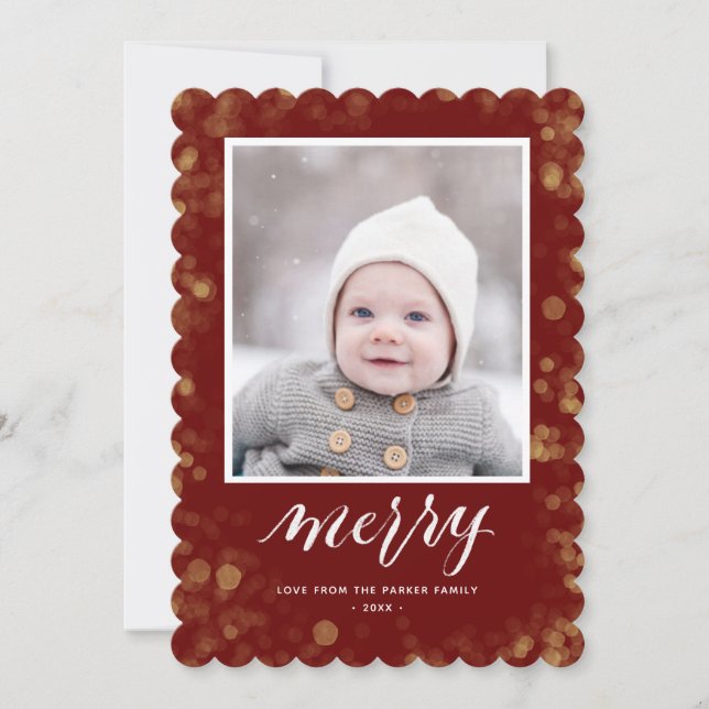 Modern Red Gold Snowflakes Bokeh Minimalist Photo Holiday Card (Front)