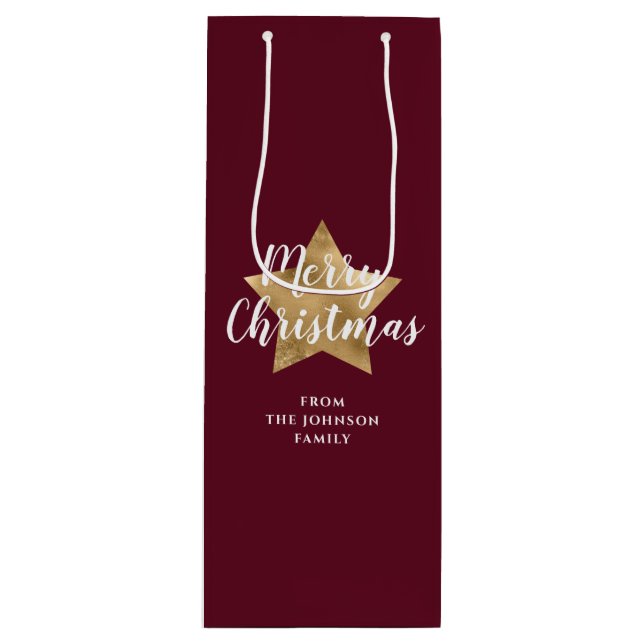 Modern Red Gold Star Christmas Wine Gift Bag (Front)