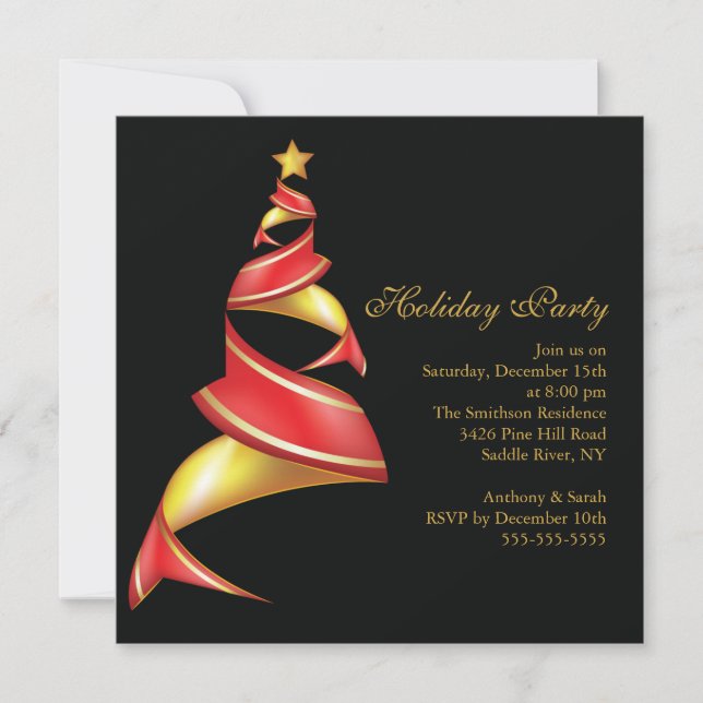 Modern Red & Gold Tree Holiday Christmas Party Invitation (Front)