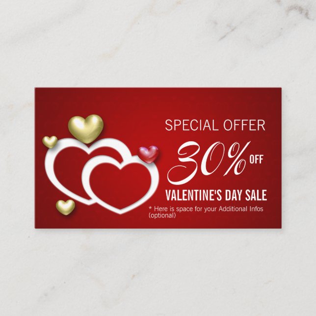 Modern Red Gold Valentine Hearts Discount Card (Front)