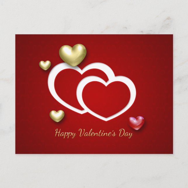 Modern Red Gold Valentine Hearts Holiday Postcard (Front)