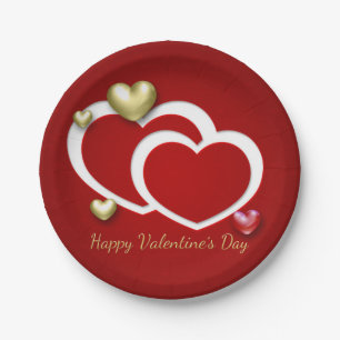 Modern Red Gold Valentine Hearts Paper Plate