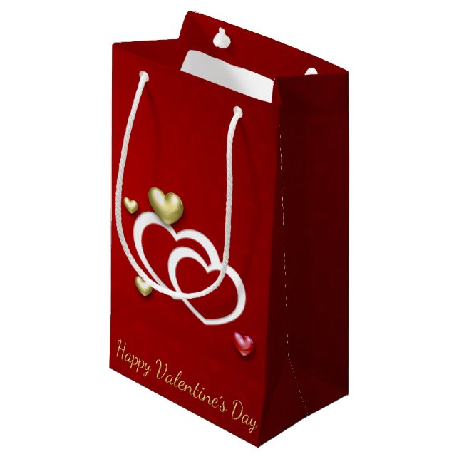 Modern Red Gold Valentine Hearts Small Gift Bag (Front Angled)