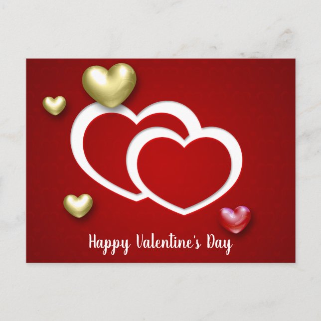Modern Red Gold Valentine's Day Hearts Holiday Postcard (Front)