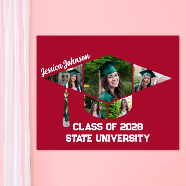 Modern Red Graduation Cap Shape Photo Collage Poster (Modern Red Graduate Photo Collage Poster Print)