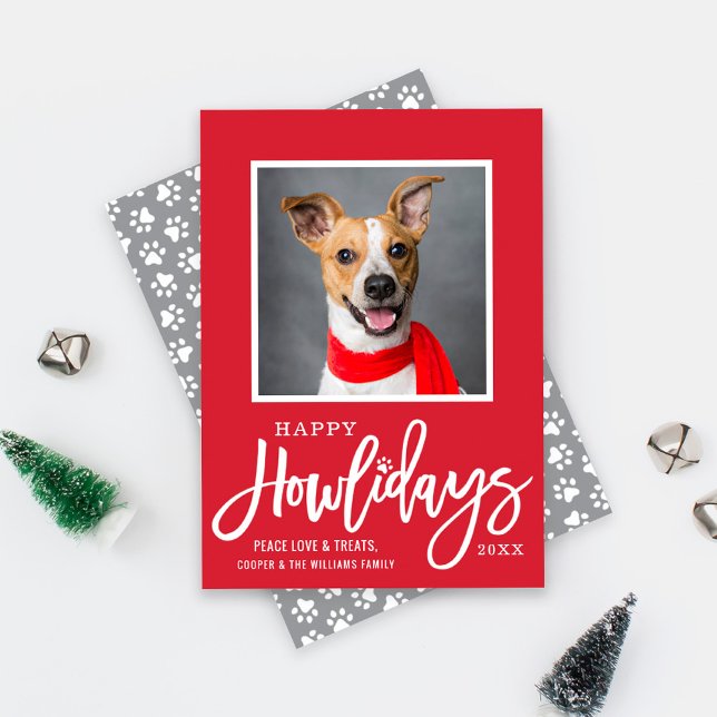 Modern Red Gray Happy Howlidays Puppy Dog Photo Holiday Card (Creator Uploaded)