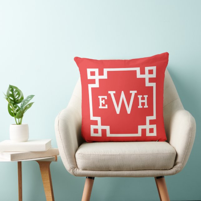 Modern Red Greek Key Custom Monogram Cushion (Chair)