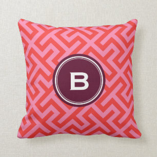 Modern red greek key geometric patterns monogram cushion