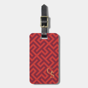 Modern red greek key geometric patterns monogram luggage tag