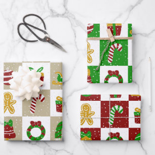 Modern Red Green and Beige Christmas Snow Grid Set Wrapping Paper Sheet