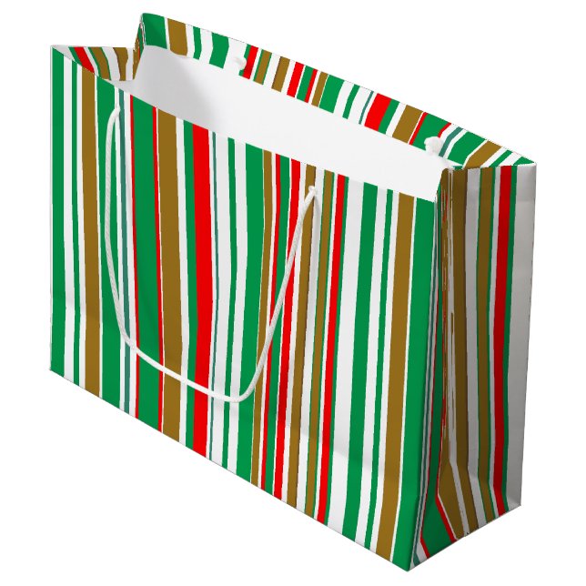 Modern Red Green and Gold Christmas Stripes Large Gift Bag (Front Angled)
