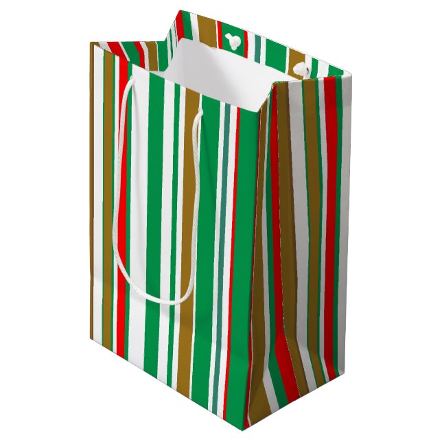 Modern Red Green and Gold Christmas Stripes Medium Gift Bag (Front Angled)