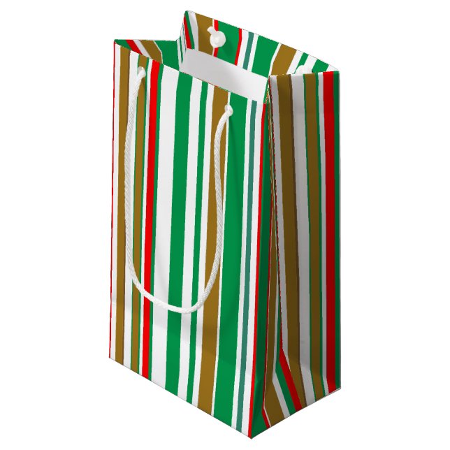 Modern Red Green and Gold Christmas Stripes Small Gift Bag (Front Angled)
