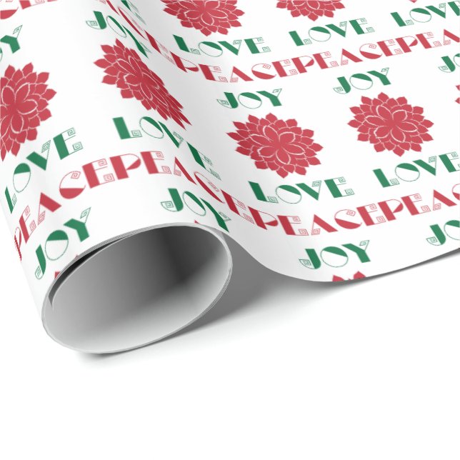 Modern Red, Green and white Love, Peace, Joy text Wrapping Paper (Roll Corner)