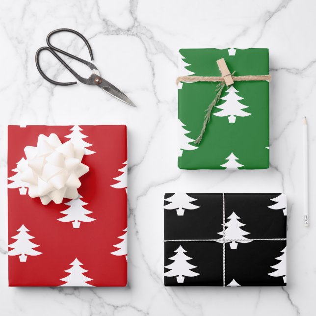 Modern red green black Christmas Trees pattern Wrapping Paper Sheet (Front)