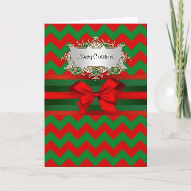 Modern Red Green Chevron Zig-Zag Ribbon Christmas Holiday Card (Front)