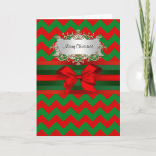 Modern Red Green Chevron Zig-Zag Ribbon Christmas Holiday Card