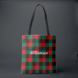 Modern Red Green Christmas Buffalo Plaid Pattern Tote Bag<br><div class="desc">Lovely red and green chequered buffalo plaid tote bag. A classic design in seasonal holiday colours. Personalise the name on the front and back.
Great for shopping for Christmas gifts or carrying them. This bag is classy,  modern,  chic,  and stylish. Makes a great gift too!</div>