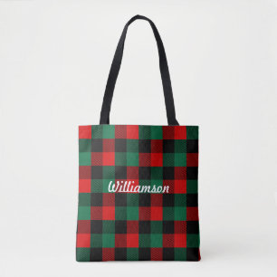 Modern Red Green Christmas Buffalo Plaid Pattern Tote Bag