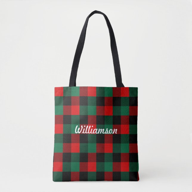 Modern Red Green Christmas Buffalo Plaid Pattern Tote Bag (Front)