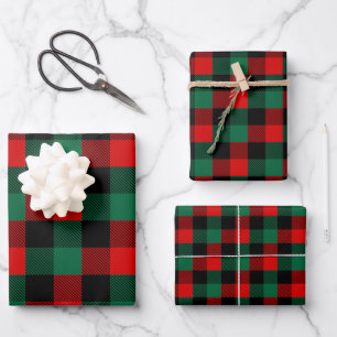 Modern Red Green Christmas Buffalo Plaid Pattern Wrapping Paper Sheet