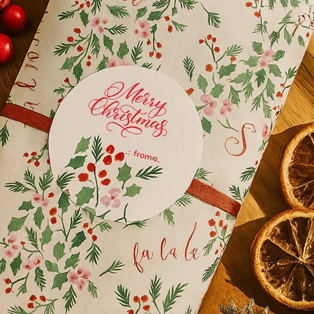 Modern Red & Green Christmas Floral Pattern  Classic Round Sticker (Creator Uploaded)