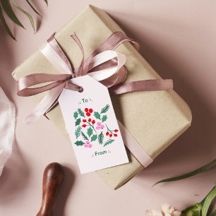 Modern Red & Green Christmas Floral Pattern Gift Tags